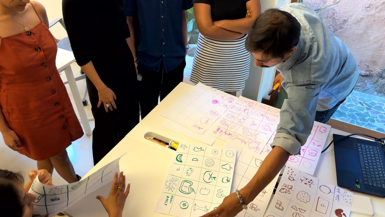 Students gathered around hand-drawn dream vision canvases